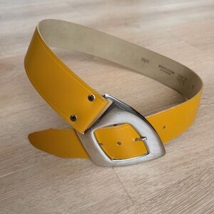 Vintage 1985 Boston Belt Mustard Yellow Wide Belt Huge Silver Buckle S USA